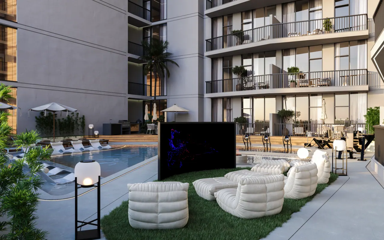 Greenfield by Samana Developers residential courtyard render from SAMANA Developers. Project view: Greenfield by Samana Developers in International City Phase 3. Developer imagery, not an area panorama.. Area context, not a photograph of Olimpico Residences.