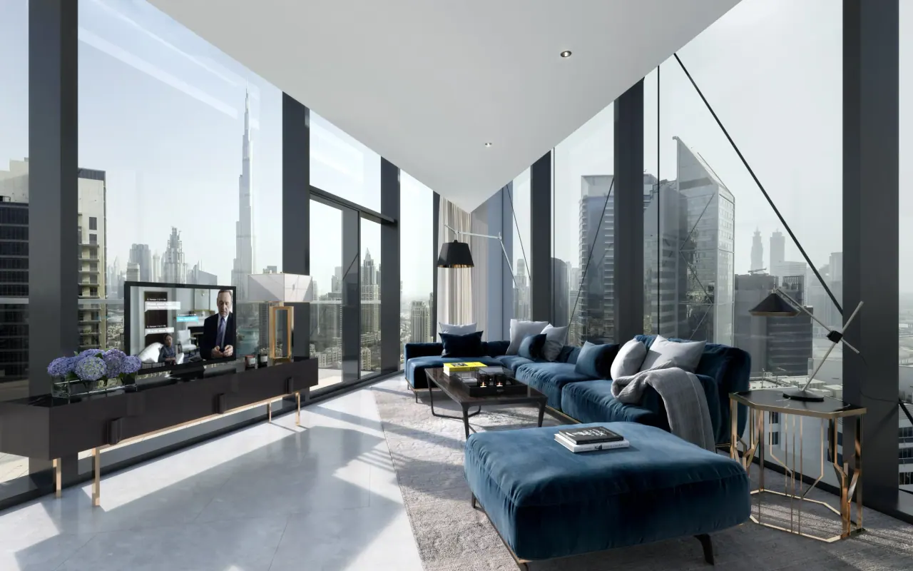 Marquise Square Tower developer interior render with a Burj Khalifa view, from SRG Holding