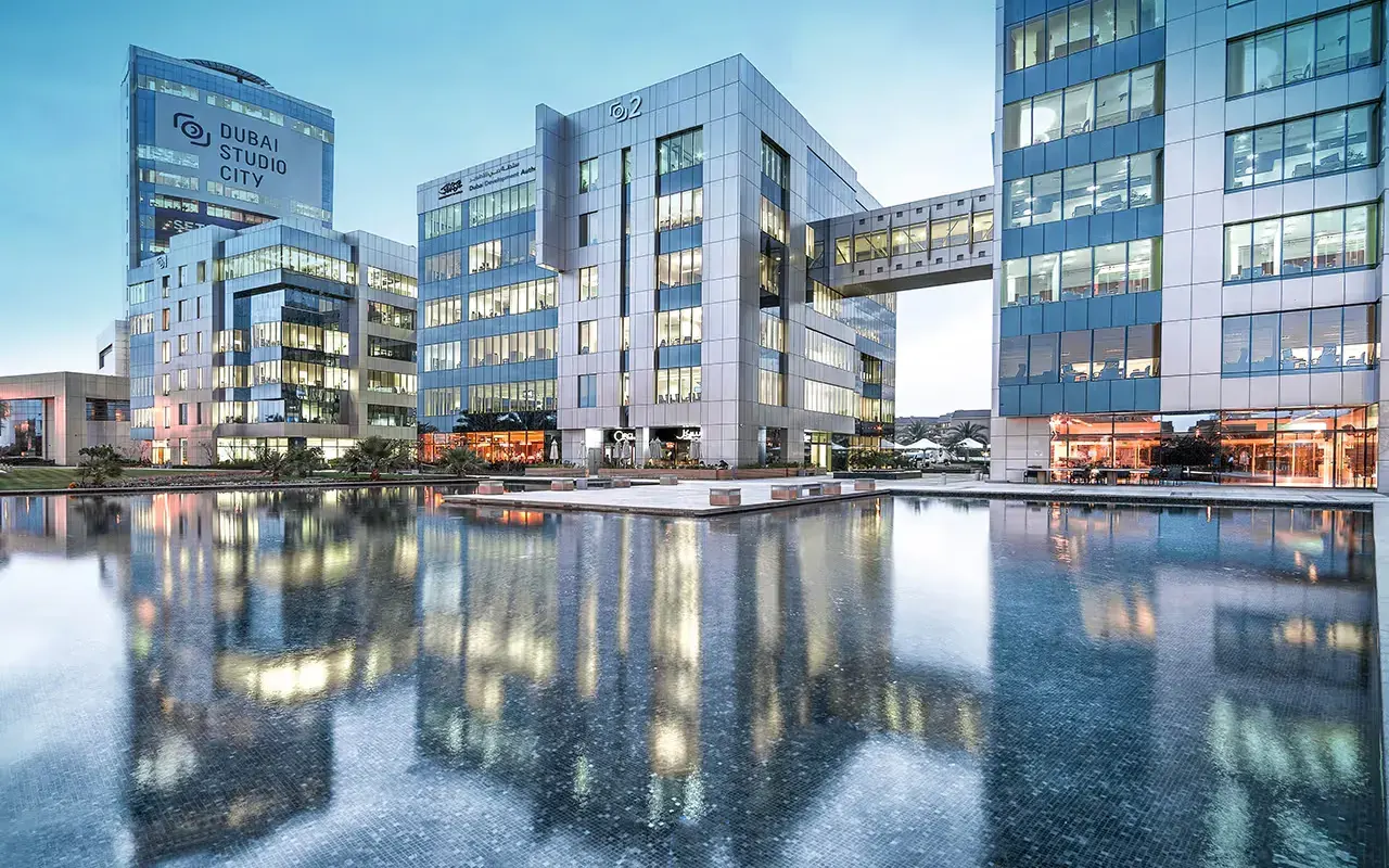 Dubai Studio City broadcasting campus, official developer photograph. Area context, not a photograph of Ghaph Studio.