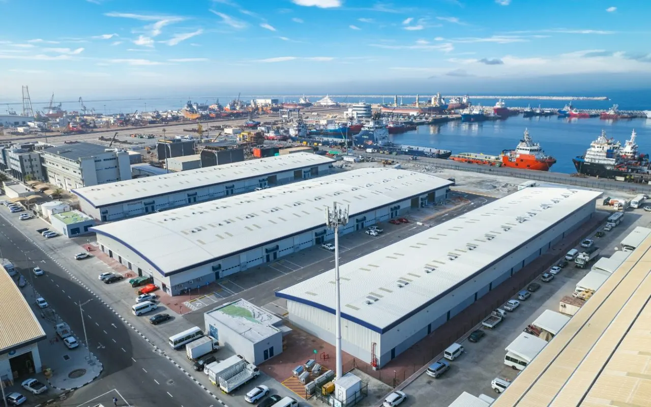 Completed industrial warehouses and working harbour in Dubai Maritime City. Area context, not a photograph of Avonlea Building 1.
