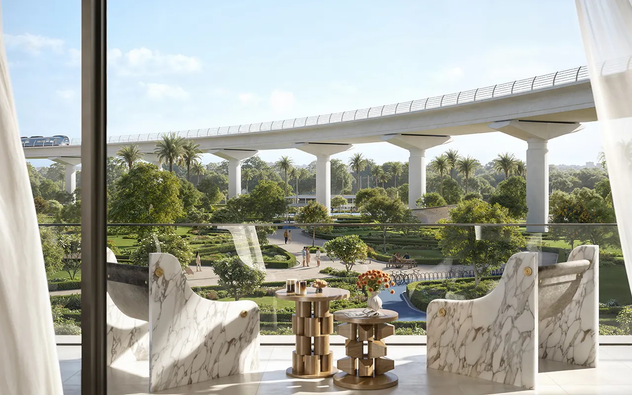 Montiva by Vida apartment interior and planned park outlook, architectural render from Emaar