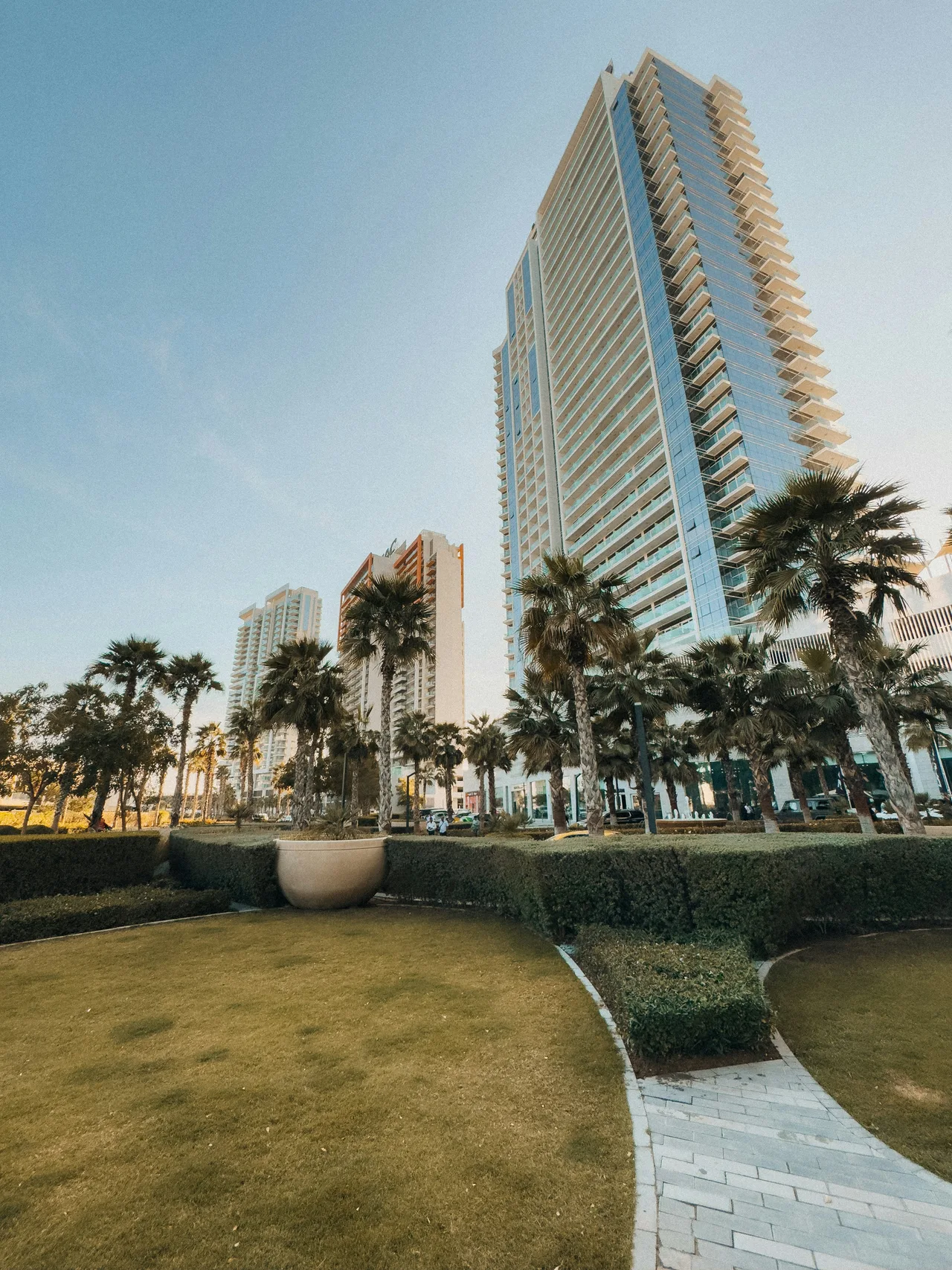 Palms, lawns and completed residential towers in DAMAC Hills