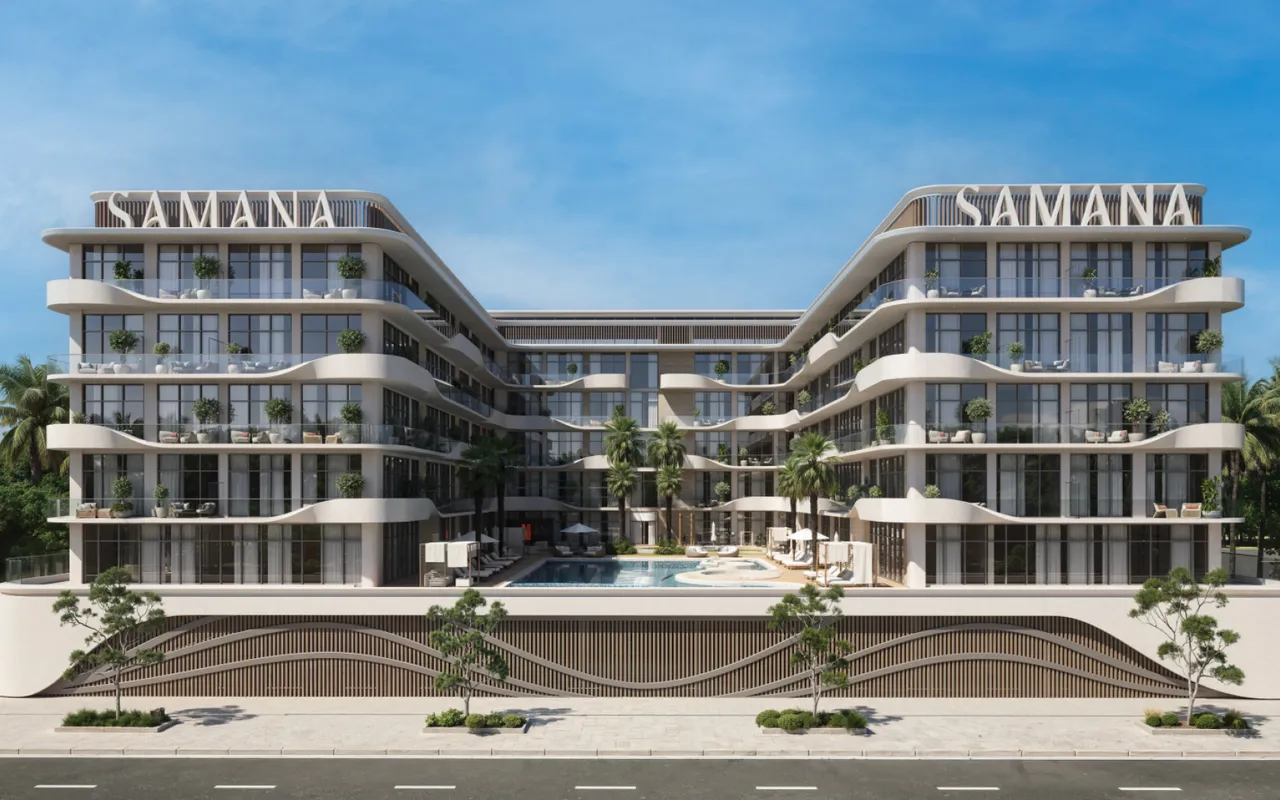 Samana Hills South 3, developer architectural render from SAMANA. Project view: Samana Hills South 3 in Saih Shuaib 2. Developer imagery, not an area panorama.. Area context, not a photograph of Sahara Meadows 1.