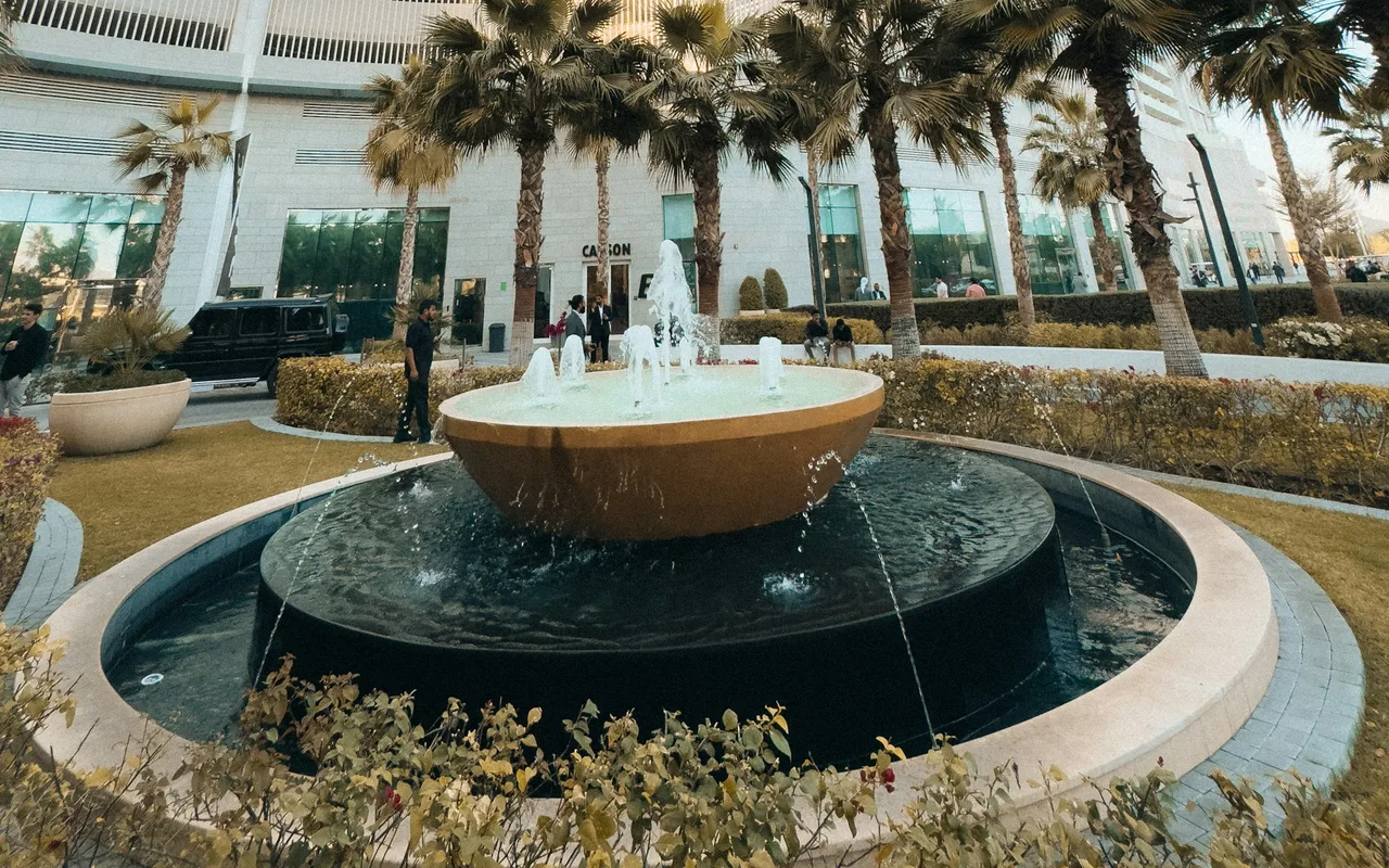 Fountain and palms outside Carson towers in DAMAC Hills