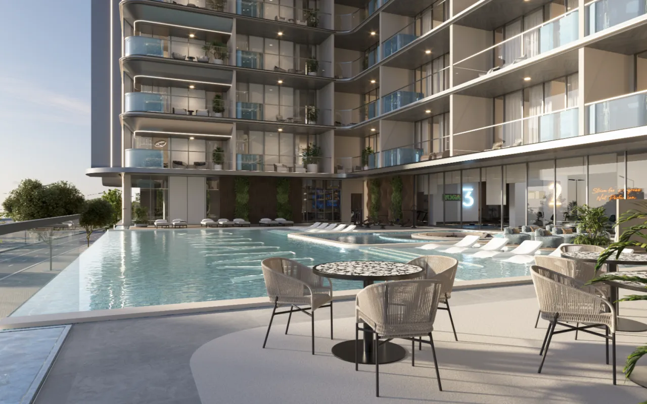 SAMANA Sky Views pool and residential balconies, developer render from SAMANA Developers